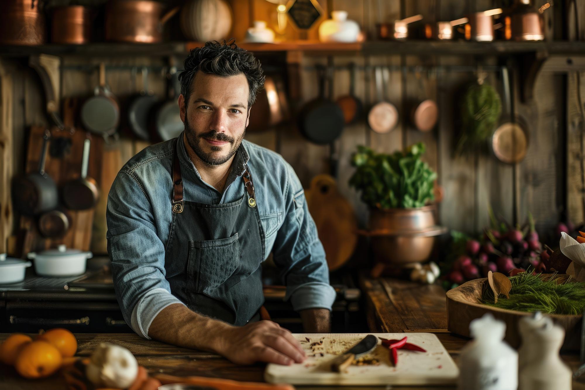 Local chef in a rustic kitchen